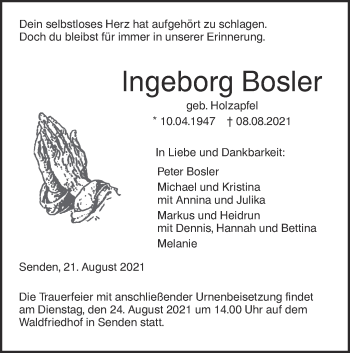 Traueranzeige von Ingeborg Bosler von SÜDWEST PRESSE Ausgabe Ulm/Neu-Ulm