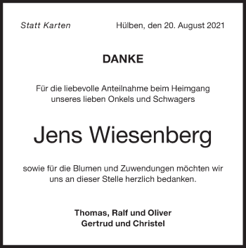 Traueranzeige von Jens Wiesenberg von Metzinger-Uracher Volksblatt