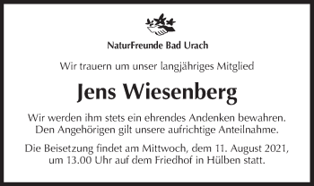 Traueranzeige von Jens Wiesenberg von Metzinger-Uracher Volksblatt