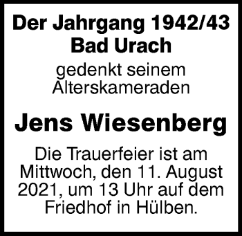 Traueranzeige von Jens Wiesenberg von Metzinger-Uracher Volksblatt