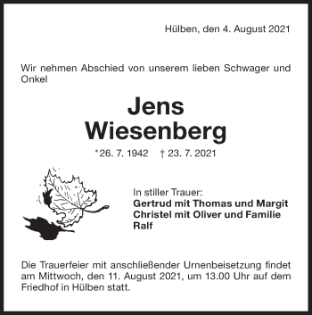 Traueranzeige von Jens Wiesenberg von Metzinger-Uracher Volksblatt