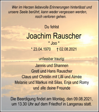 Traueranzeige von Joachim Rauscher von SÜDWEST PRESSE Ausgabe Ulm/Neu-Ulm