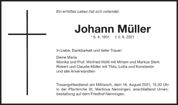 Traueranzeige von Johann Müller von NWZ Neue Württembergische Zeitung