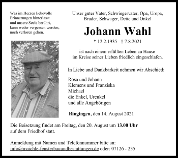 Traueranzeige von Johann Wahl von Metzinger-Uracher Volksblatt