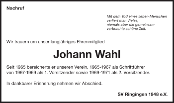 Traueranzeige von Johann Wahl von Metzinger-Uracher Volksblatt