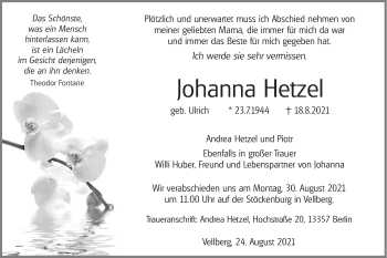 Traueranzeige von Johanna Hetzel von Haller Tagblatt