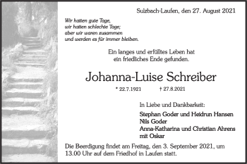 Traueranzeige von Johanna-Luise Schreiber von Haller Tagblatt