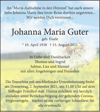 Traueranzeige von Johanna Maria Guter von SÜDWEST PRESSE Ausgabe Ulm/Neu-Ulm