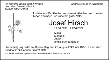 Traueranzeige von Josef Hirsch von Haller Tagblatt