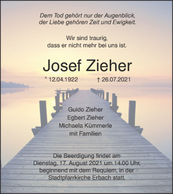 Traueranzeige von Josef Zieher von SÜDWEST PRESSE Ausgabe Ulm/Neu-Ulm