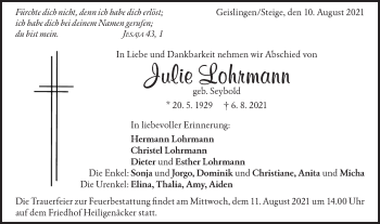 Traueranzeige von Julie Lohrmann von Geislinger Zeitung