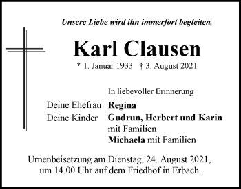 Traueranzeige von Karl Clausen von SÜDWEST PRESSE Ausgabe Ulm/Neu-Ulm