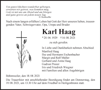 Traueranzeige von Karl Haag von Hohenloher Tagblatt