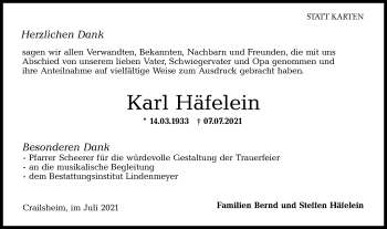 Traueranzeige von Karl Häfelein von Hohenloher Tagblatt