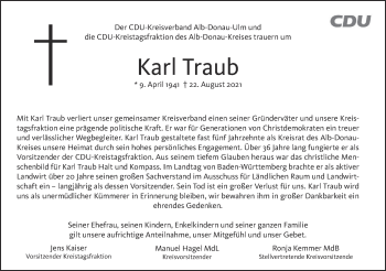 Traueranzeige von Karl Traub von SÜDWEST PRESSE Ausgabe Ulm/Neu-Ulm