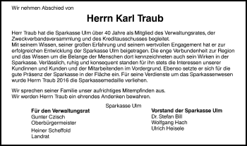 Traueranzeige von Karl Traub von SÜDWEST PRESSE Ausgabe Ulm/Neu-Ulm