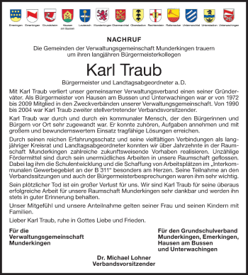 Traueranzeige von Karl Traub von Ehinger Tagblatt