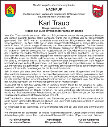 Traueranzeige von Karl Traub von Ehinger Tagblatt