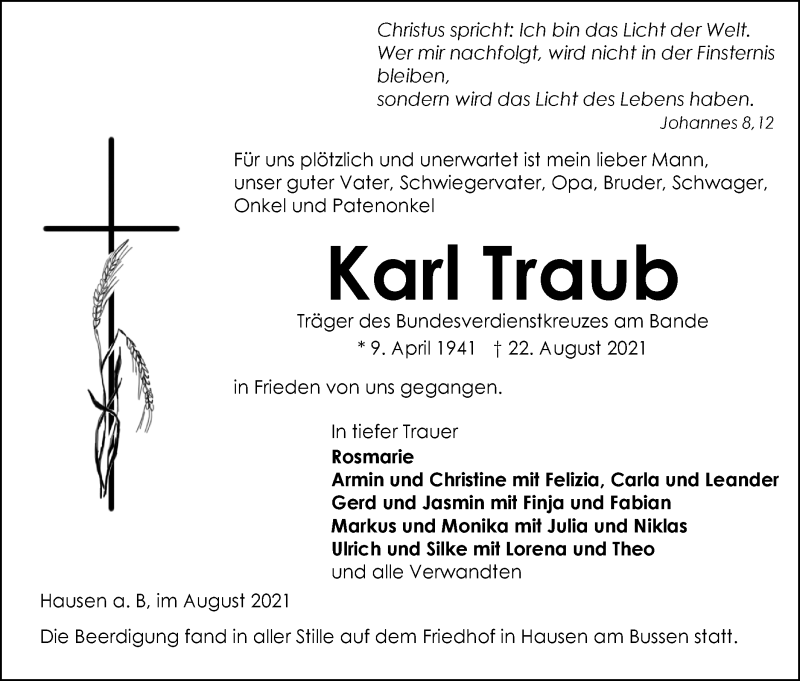  Traueranzeige für Karl Traub vom 28.08.2021 aus SÜDWEST PRESSE Ausgabe Ulm/Neu-Ulm