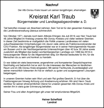 Traueranzeige von Karl Traub von SÜDWEST PRESSE Ausgabe Ulm/Neu-Ulm