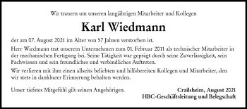 Traueranzeige von Karl Wiedmann von Hohenloher Tagblatt