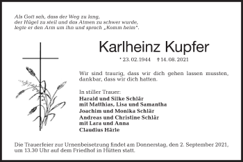 Traueranzeige von Karlheinz Kupfer von Haller Tagblatt