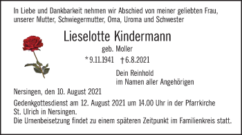 Traueranzeige von Lieselotte Kindermann von SÜDWEST PRESSE Ausgabe Ulm/Neu-Ulm