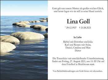 Traueranzeige von Lina Goll von SÜDWEST PRESSE Ausgabe Ulm/Neu-Ulm