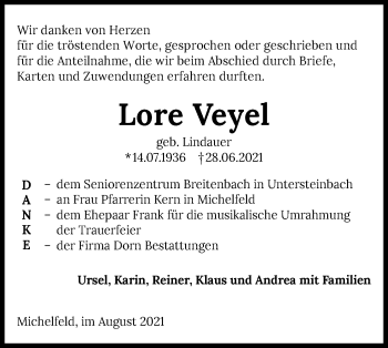 Traueranzeige von Lore Veyel von Haller Tagblatt