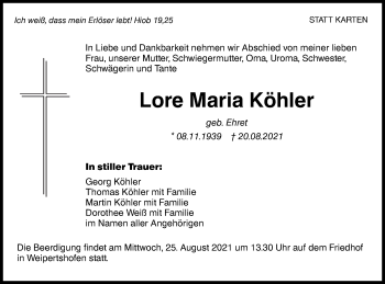 Traueranzeige von Lore Maria Köhler von Hohenloher Tagblatt