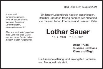 Traueranzeige von Lothar Sauer von Metzinger-Uracher Volksblatt