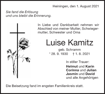 Traueranzeige von Luisa Kamitz von NWZ Neue Württembergische Zeitung