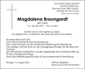 Traueranzeige von Magdalena Braungardt von Ehinger Tagblatt