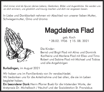 Traueranzeige von Magdalena Flad von Metzinger-Uracher Volksblatt