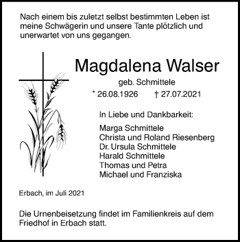 Traueranzeige von Magdalena Walser von SÜDWEST PRESSE Ausgabe Ulm/Neu-Ulm