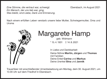 Traueranzeige von Margarete Hamp von NWZ Neue Württembergische Zeitung