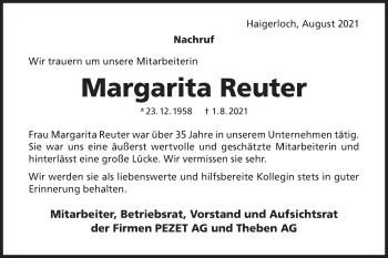 Traueranzeige von Margarita Reuter von Metzinger-Uracher Volksblatt