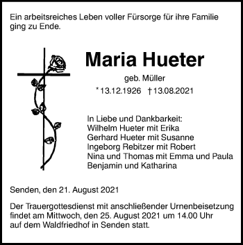 Traueranzeige von Maria Hueter von SÜDWEST PRESSE Ausgabe Ulm/Neu-Ulm