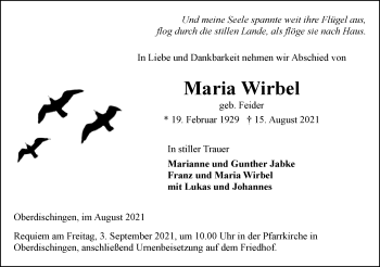 Traueranzeige von Maria Wirbel von Ehinger Tagblatt