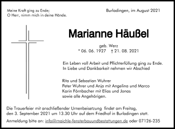 Traueranzeige von Marianne Häußel von Metzinger-Uracher Volksblatt