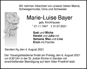 Traueranzeige von Marie-Luise Bayer von SÜDWEST PRESSE Ausgabe Ulm/Neu-Ulm