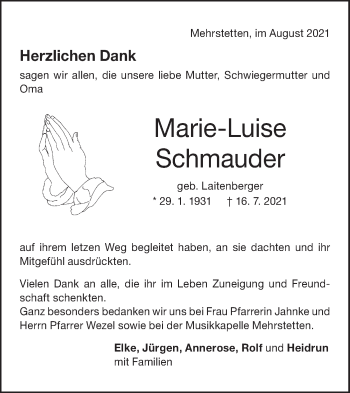 Traueranzeige von Marie-Luise Schmauder von Alb-Bote/Metzinger-Uracher Volksblatt