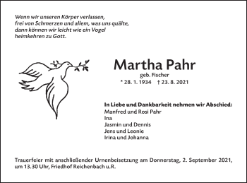 Traueranzeige von Martha Pahr von NWZ Neue Württembergische Zeitung