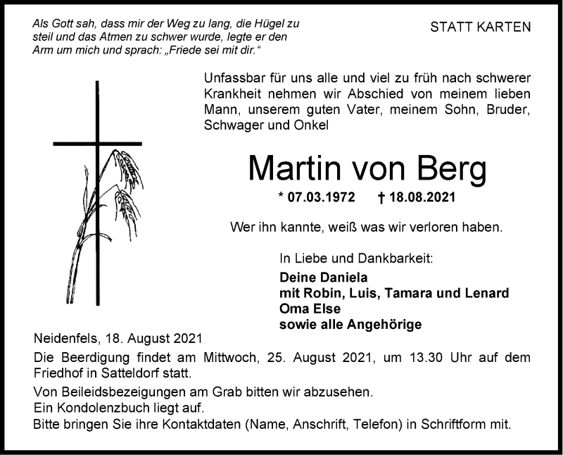  Traueranzeige für Martin von Berg vom 23.08.2021 aus Hohenloher Tagblatt