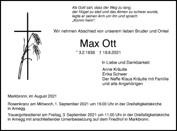 Traueranzeige von Max Ott von SÜDWEST PRESSE Ausgabe Ulm/Neu-Ulm