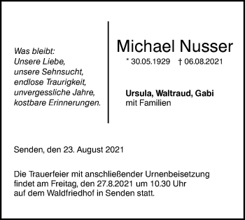 Traueranzeige von Michael Nusser von SÜDWEST PRESSE Ausgabe Ulm/Neu-Ulm