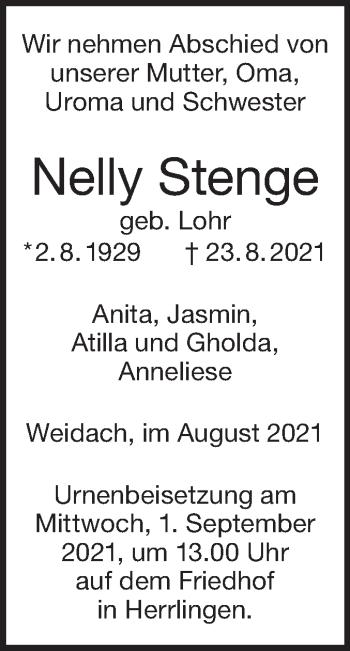 Traueranzeige von Nelly Stenge von SÜDWEST PRESSE Ausgabe Ulm/Neu-Ulm