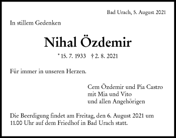 Traueranzeige von Nihal Özdemir von Alb-Bote/Metzinger-Uracher Volksblatt