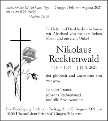 Traueranzeige von Nikolaus Recktenwald von Geislinger Zeitung