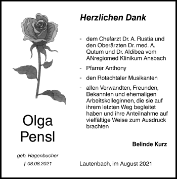 Traueranzeige von Olga Pensl von Hohenloher Tagblatt